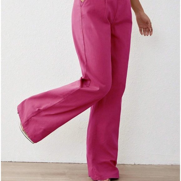 Pink Plain Womens Solid High Waist Wide Leg Jeans - Picture 5 of 5